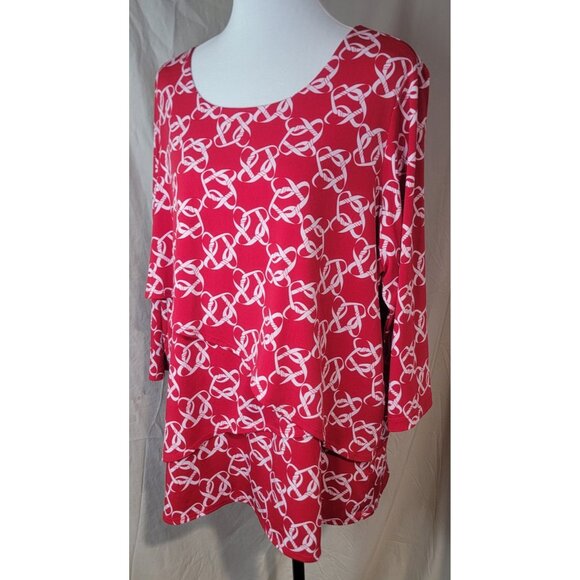 Susan Graver Womens 1X Red White Blouse Top Chainlink Layered 3/4 Sleeve Stretch - Picture 2 of 15
